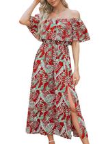 Vestido CUPSHE Summer A Line Off Shoulder Ruffle Maxi Red Leaf