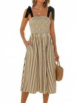 Vestido CUPSHE Summer Smocked Midi listrado sem mangas para mulheres