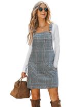 Vestido CUPSHE, xadrez, gola quadrada, alça larga, azul, S Vestido CUPSHE, xadrez, gola quadrada, alça larga, azul, S