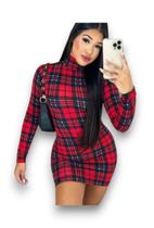 Vestido Curtinho Gola Alta Manga Longa Sem Bojo Tubinho Suplex Vermelho Xadrez Vestido Curtinho Gola Alta Manga Longa Sem Bojo Tubinho Suplex Vermelho Xadrez