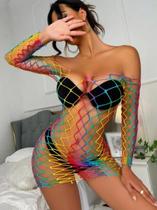 Vestido Curto Arrastão Multicolorido Tule sem alça sexy Longa Carnaval bodycon lingerie