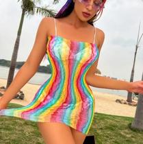 Vestido Curto Arrastão Multicolorido Tule sem alça sexy Longa Carnaval bodycon lingerie