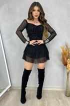 Vestido Curto Babado De Tule Manga Longa