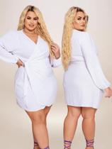 Vestido Curto Branco Plus Size Ano Novo Envelope Amarração Decote V Manga Longa Bufante