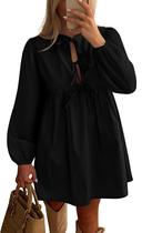 Vestido curto casual BTFBM 2025 com gravata borboleta frontal de manga folhada para mulher