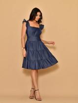 Vestido curto chambray imitação jeans com babada na manga Vestido curto chambray imitação jeans com babada na manga