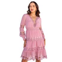 Vestido Curto Com Guipir E Babados Premium Tendencia Verão