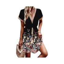 Vestido Curto com Manga Morcego - Impressão Primavera/Verão - Decote V e Cintura Envoltória