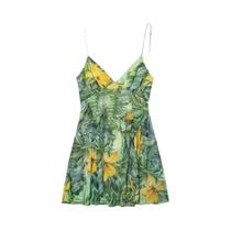 Vestido Curto De Verão Estilo Férias Feminino Em Seda Impressa Com Decote Em V E Alças, Vestido Para Vestido Curto De Verão Estilo Férias Feminino Em Seda Impressa Com Decote Em V E Alças, Vestido Para