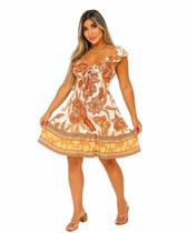 Vestido Curto Estampado Com Bojo e Manga Curta em Viscose Vestido Curto Estampado Com Bojo e Manga Curta em Viscose