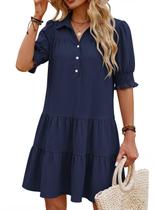 Vestido curto FEKOAFE 2026 de verão com decote em V, pregas e botões