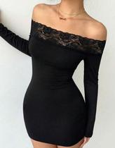 Vestido Curto Feminino Colado Malha Manga Longa Tubinho Inverno Renda Sexy