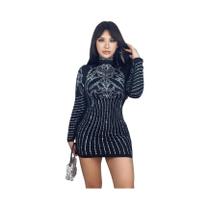 Vestido curto feminino cor sólida diamante quente boate festa manga comprida mini vestido curto