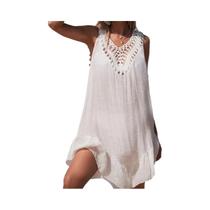 Vestido Curto Feminino De Crochê Vazado Com Decote V E Costas Abertas Para Praia/Saída De Praia