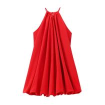 Vestido Curto Feminino De Verão Sexy Com Alça Fina E Saia Balão Vermelha Ombro a Ombro