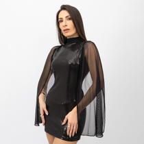 Vestido Curto Feminino Gola Alta Manga Longa Tule Com Paetê Elegante Festa