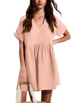 Vestido curto feminino liher, moderno para o verão de 2025, decote em V, manga curta, uma linha, casual, fluído, rosa claro, pequeno Vestido curto feminino liher, moderno para o verão de 2025, decote em V, manga curta, uma linha, casual, fluído, rosa claro, pequeno