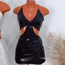 Vestido curto feminino paetê preto alcinha recortes decote
