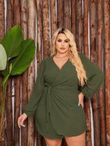Vestido Curto Feminino Plus Size Elegante Envelope Amarração Decote V Casual Festa