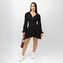 Vestido Curto Feminino Soltinho Babado Chemise Manga Longa Botões Luxo Social Lançamento 2025 Vestido Curto Feminino Soltinho Babado Chemise Manga Longa Botões Luxo Social Lançamento 2025