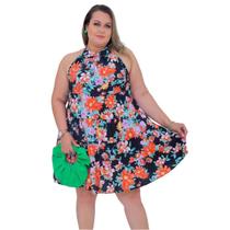 Vestido curto floral viscose frente unica com amarração no pescoço - Vestido estampado feminino com bojo e forro M e G1