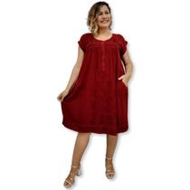 Vestido Curto Indiano com Bolso, Botões e Bordado Plus Size