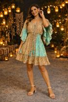 Vestido Curto Indiano de Seda Boho Chic Manga Flare Estampad Cor:Estampa7Tamanho:Único