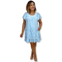 Vestido Curto Indiano Manga Curta Algodão liso com Bordado