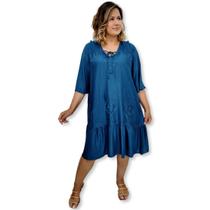 Vestido Curto Indiano Manga Curta com Bordados Plus Size