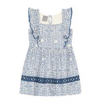 Vestido Curto Infantil Menina em Cotton Mundi Azul/Off White