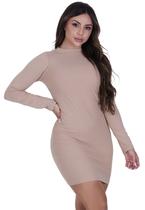 Vestido Curto Malha Canelada Bege Manga Longa St Madame