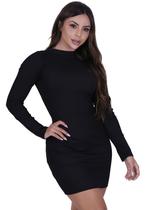 Vestido Curto Malha Canelada Preto Manga Longa St Madame