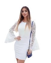 Vestido Curto Manga Flare Casamento Civil Branco Lançamento