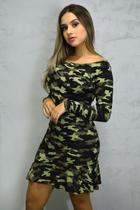 Vestido Curto Manga Longa Estampa Militar