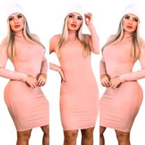 Vestido Curto Manga Longa Gola Alta Canelado