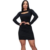 Vestido Curto Manga Longa Tubinho Colado Decote Canelado Vestido Curto Manga Longa Tubinho Colado Decote Canelado