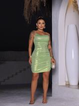 Vestido Curto Metálico Brilho Drapeado Laterais e Bumbum