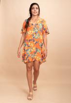 Vestido Curto Pataxô Viscose Mullet Decote V Laranja Floral