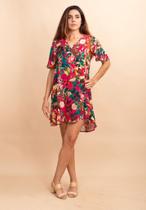 Vestido Curto Pataxô Viscose Mullet Decote V Pink Floral