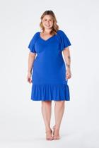 Vestido Curto Plus Size com Decote V Manga Ampla e Barra de Babado Azul Luna