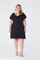 Vestido Curto Plus Size com Decote V Manga Ampla e Barra de Babado Preto Luna