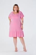 Vestido Curto Plus Size com Decote V Manga Ampla e Barra de Babado Rosa Luna