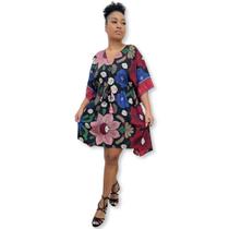 Vestido curto Plus Size Kaftan Indiana Estilo Seda Estampada