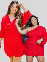 Vestido Curto Plus Size Vermelho Natal Envelope Amarração Luxo Manga Bufante Decote V Mula Manca Vestido Curto Plus Size Vermelho Natal Envelope Amarração Luxo Manga Bufante Decote V Mula Manca