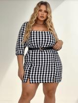 Vestido Curto Plus Size Xadrez Meia Estação Elástico Ajustável Manga 3/4 Festa Junina Elegante