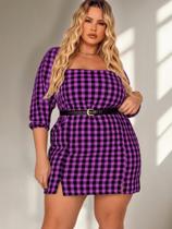 Vestido Curto Plus Size Xadrez Meia Estação Elástico Ajustável Manga 3/4 Festa Junina Elegante