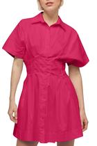 Vestido curto rosa com botões na frente, pregas e listras Dsewpaur