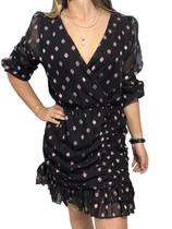 Vestido Curto Transpassado Mado Preto com Poás Rosa Elegância e Feminilidade