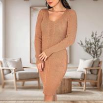 Vestido Curto Tricot Manga Longa Tranças