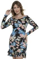 Vestido Curto Viscolycra Decotado Manga Longa Tropical F081